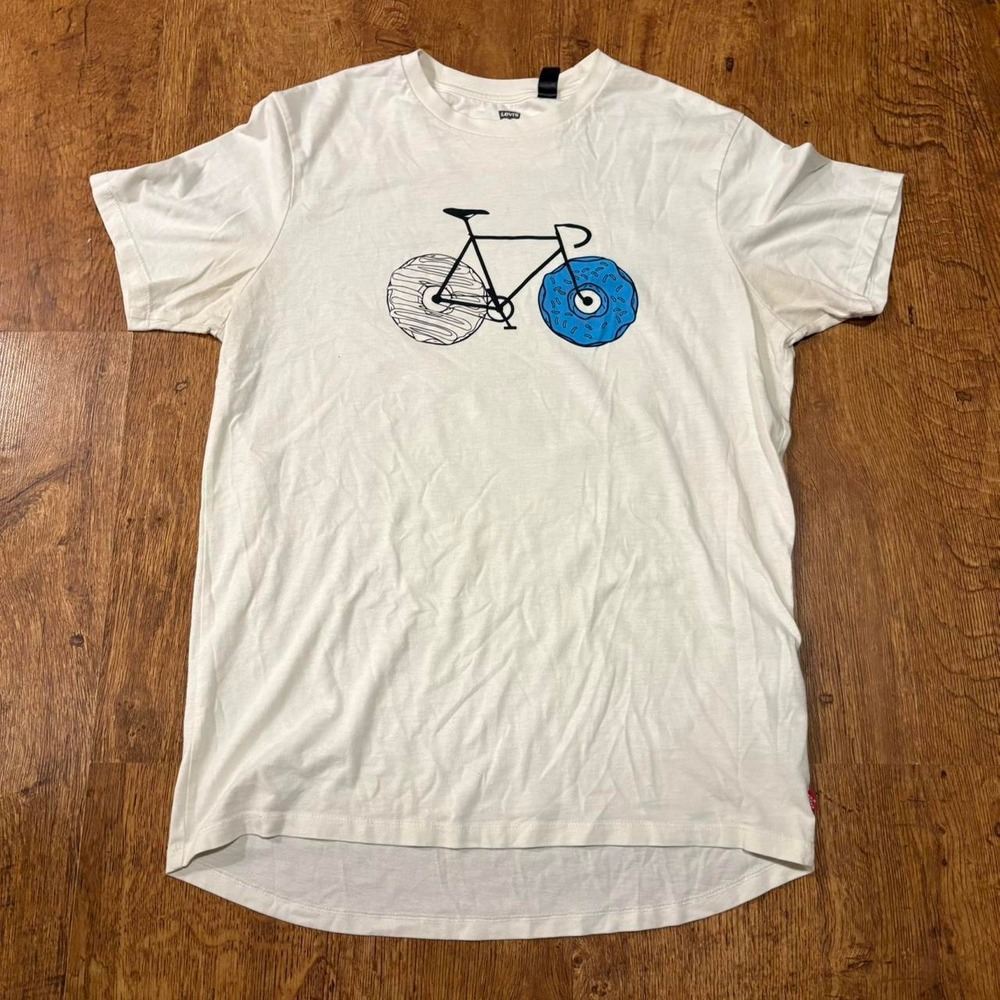 Levis Commuter Mens Large White Bicycle Donut Graphic T-Shirt Short Sleeve